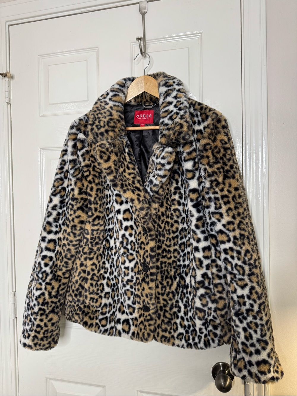 GUESS Leopard Faux Fur Teddy Jacket in Tan and Black